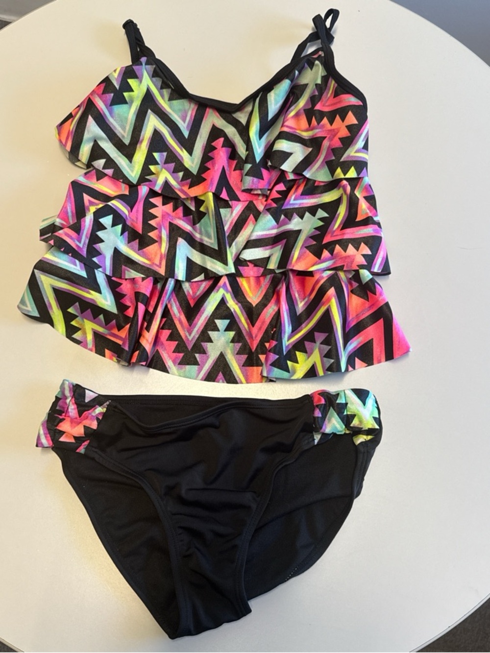 Justice Black Tankini with Neon Geo Ruffle Top